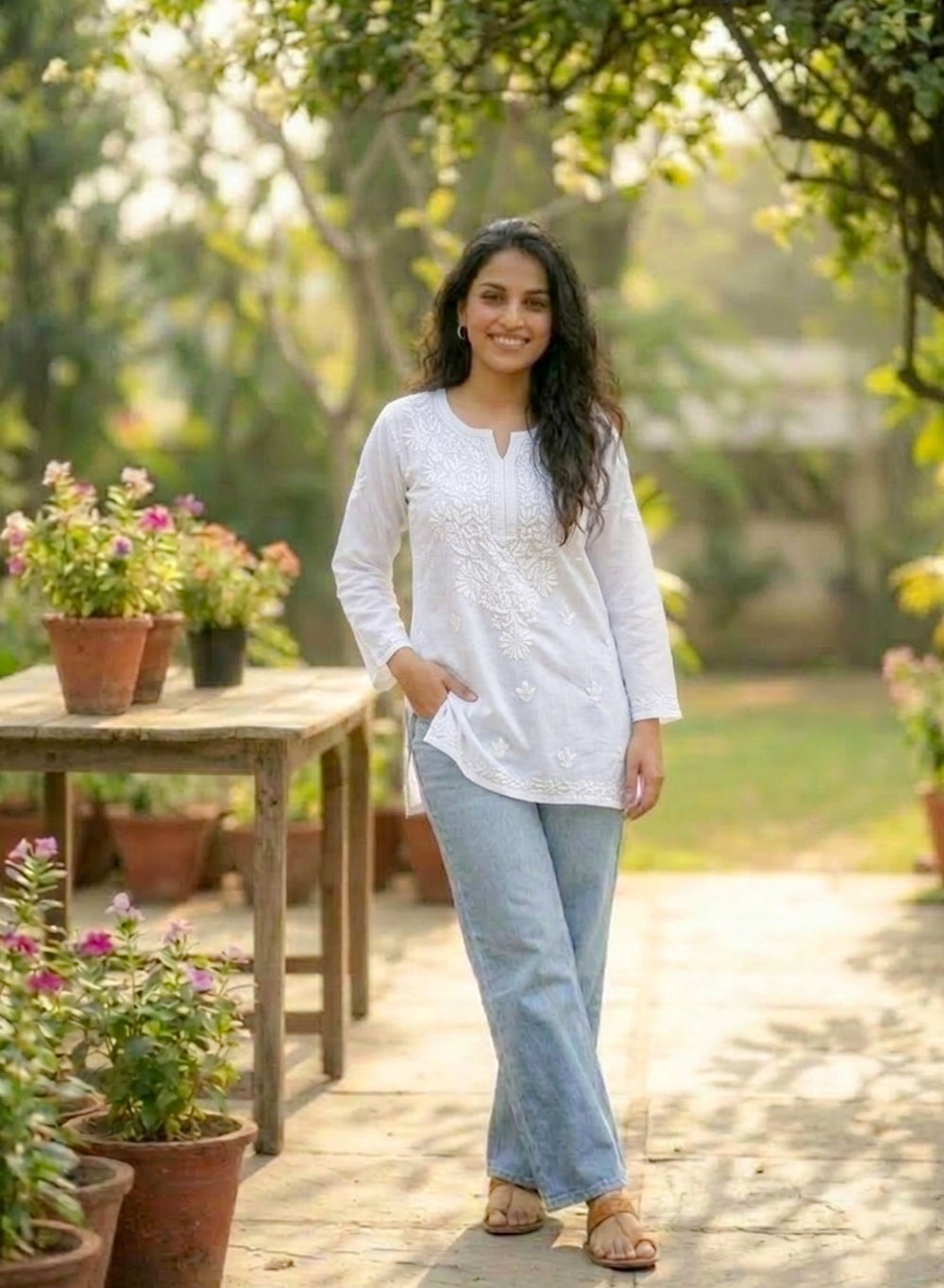 White - Gulshan Linen Cotton Double Layered Chikankari Short Top