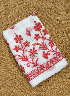 White & Orange - Dhoop Kinaray Kota Chikankari Kurta Fabric With Mukaish Work