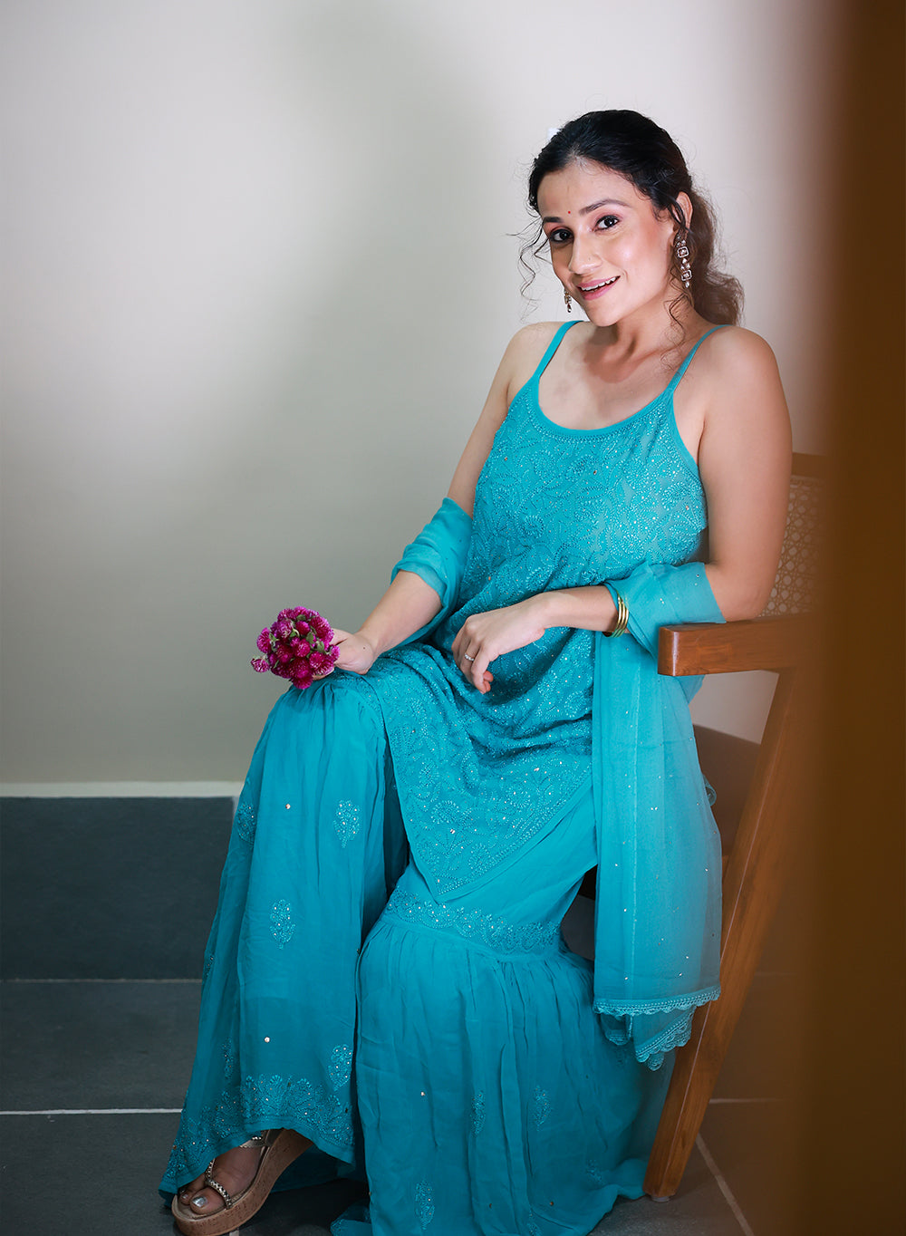 Kanak Turquoise - Nargis Viscose Noodle Strap Chikankari Kurta & Gharara Set
