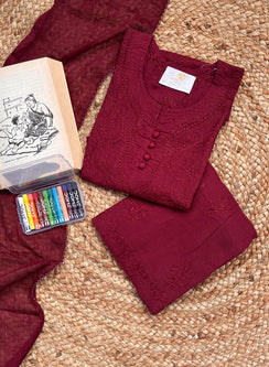 Pihu Maroon - Dobby Cotton Chikankari Kidswear Set