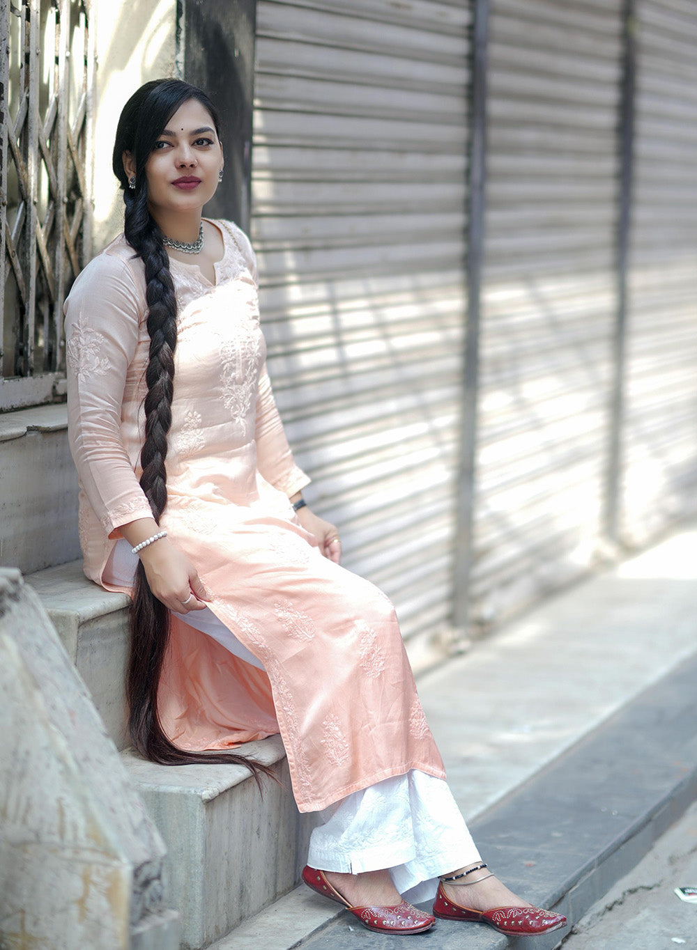 Meera Peach - Bahaar Satin Chikankari Ombre Kurta