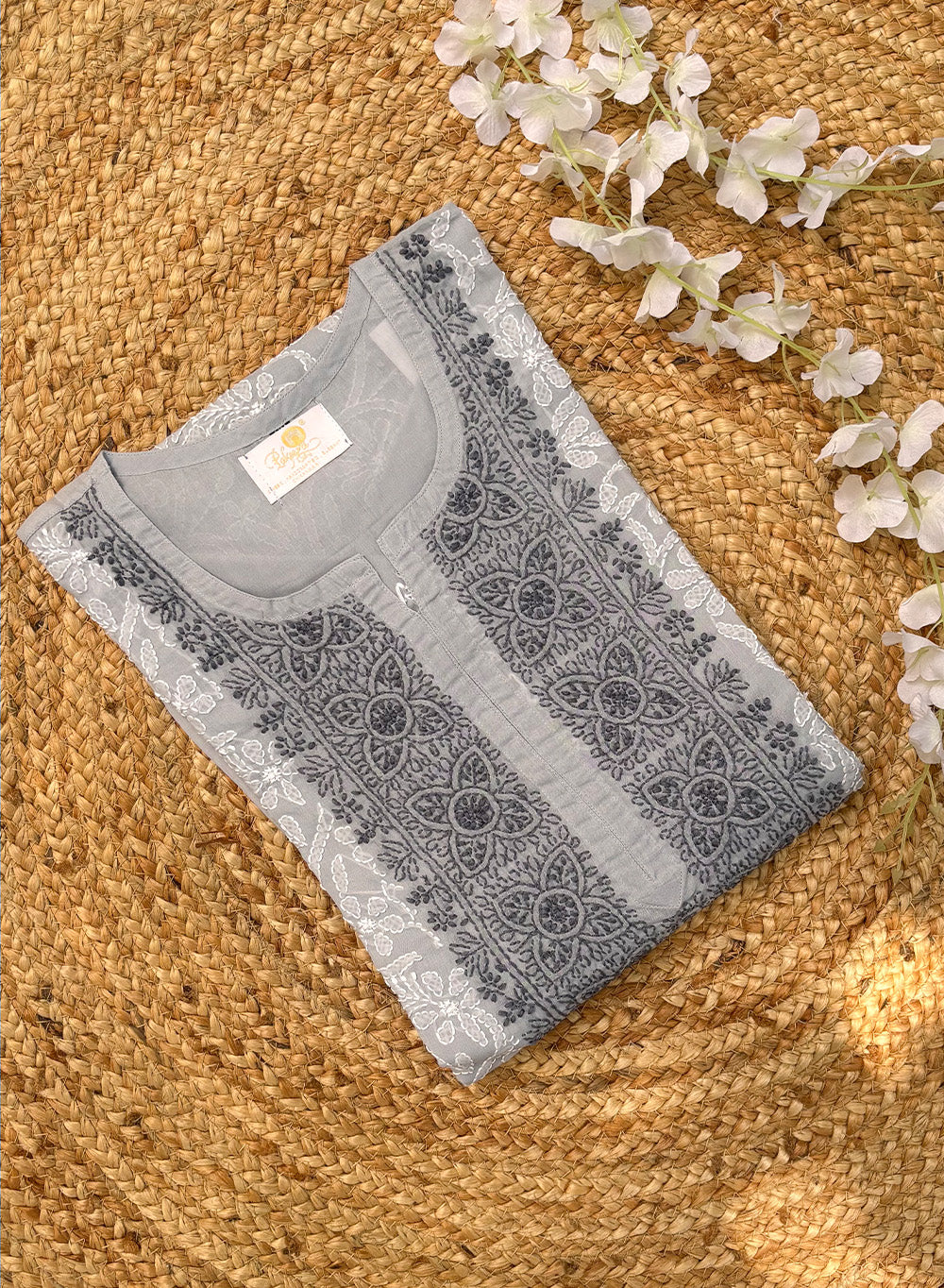 Gray - Cotton Terry Voile Bahaar Chikankari Kurta