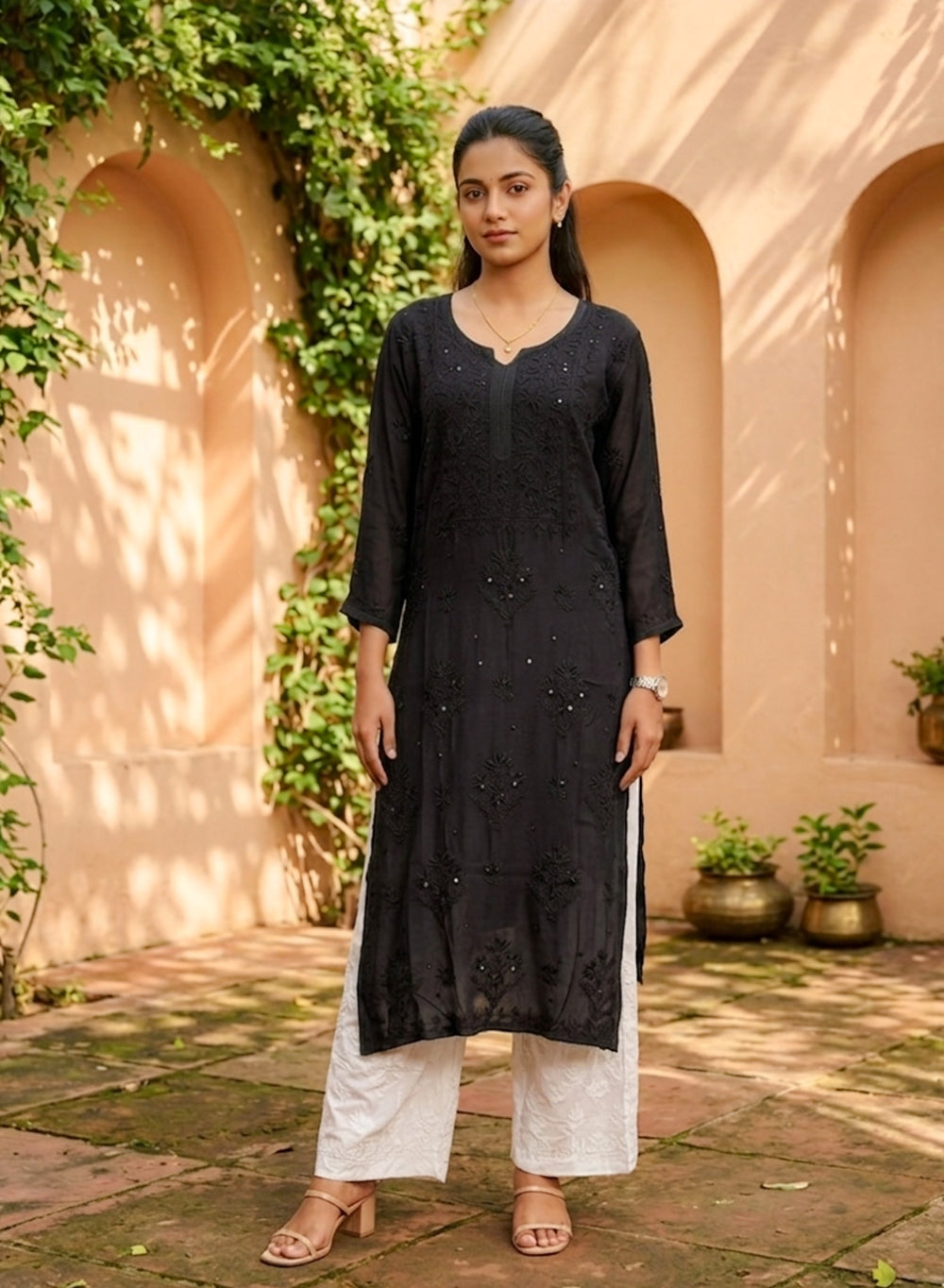 Black -  Anjuman Muslin Chikankari Kurta With Katdana Work