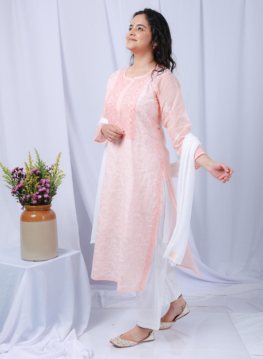 Mehak Peach - Cotton Terry Voile Bahaar Chikankari Kurta