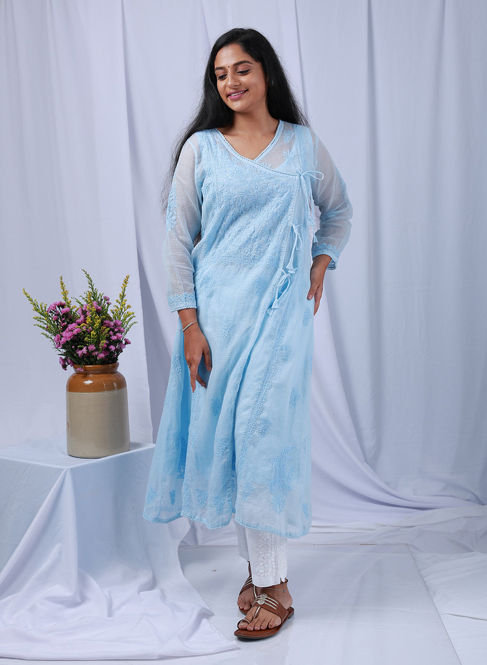 Sama Blue - Hand-Embroidered Chikankari Kota Doria Angarakha