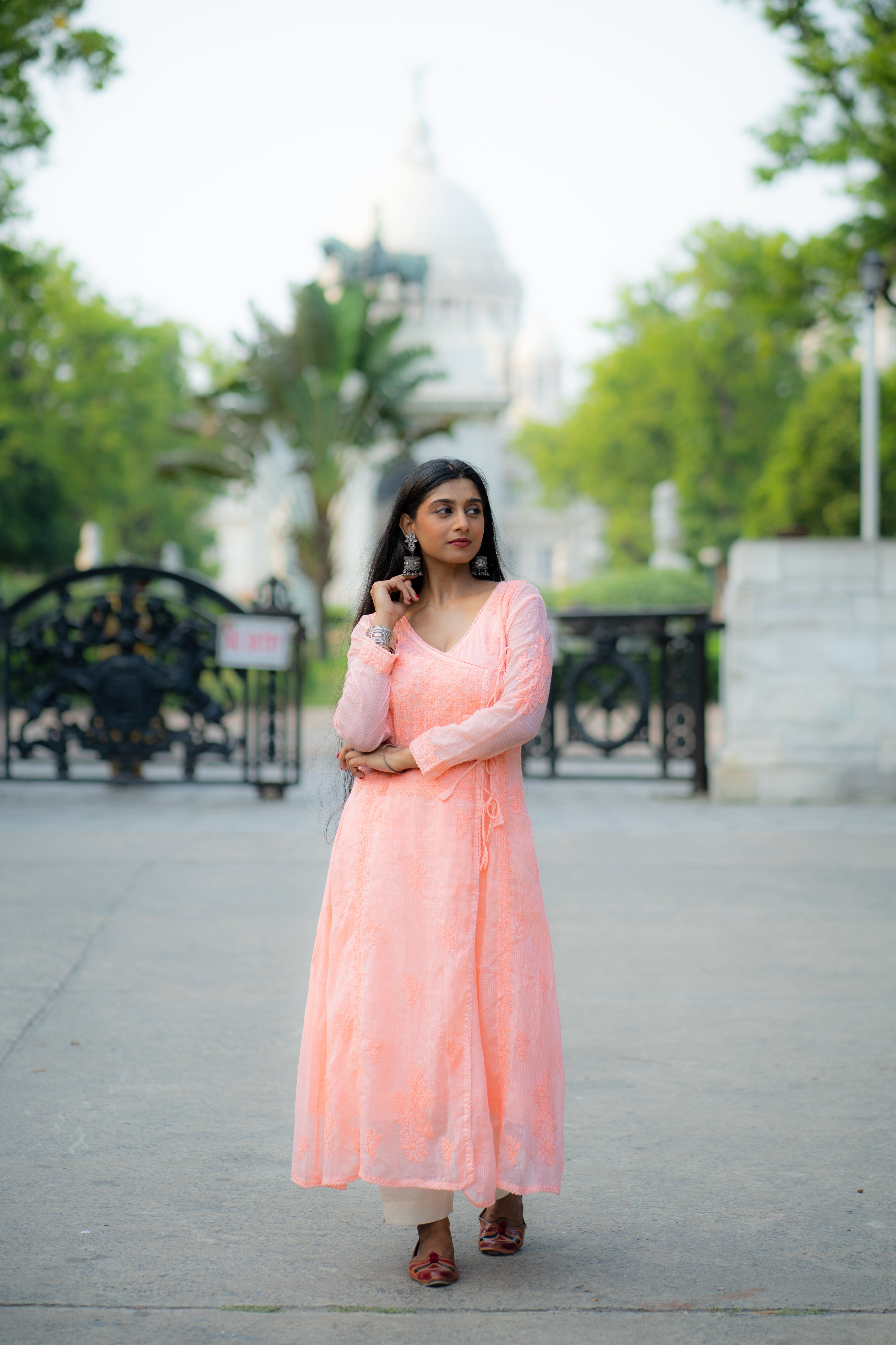 Sama Peach - Hand-Embroidered Chikankari Kota Doria Angarakha