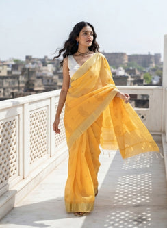 Sunflower Cotton Chanderi - Aks Hand Embroidered Chikankari Saree