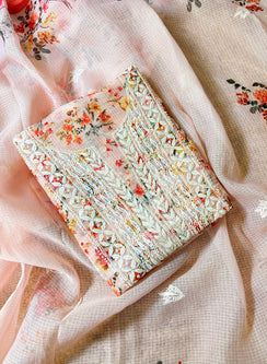 Orange Floral - Nayaab Katdana Kota Printed Chikankari Full Dress Set