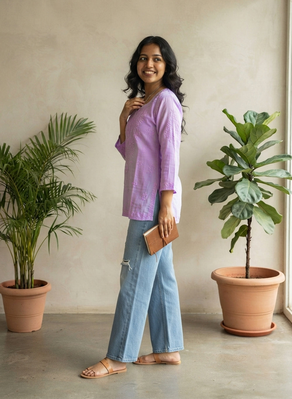 Lavender - Gulshan Linen Cotton Double Layered Chikankari Short Top