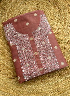 Rust Orange Unisex - Dhoop Kinaray Chanderi Chikankari Kurta Fabric With Golden Butti