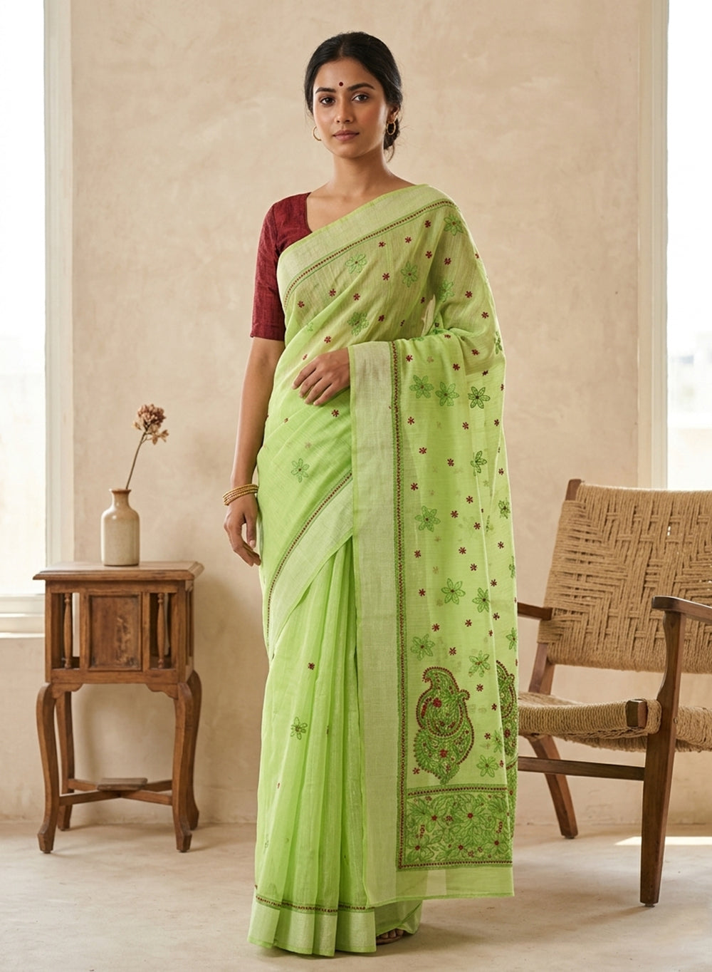 Light Green- Aks Cotton Chanderi Multi - Coloured Thread Embroidered Chikankari Saree