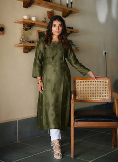 Swara Olive Green - Anjuman Chanderi Cotton Chikankari Kurta