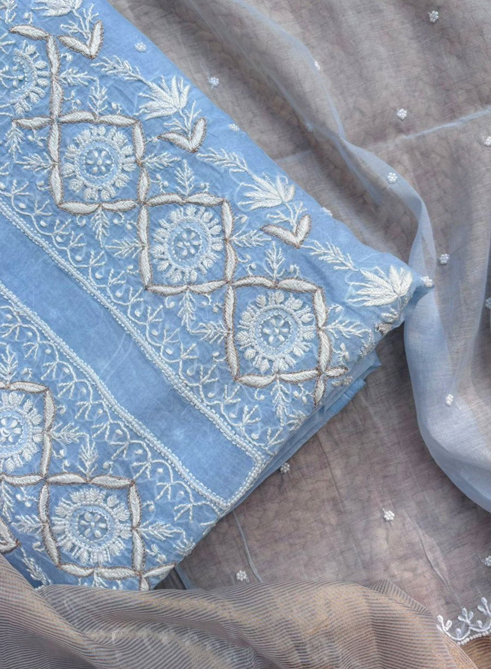 Sky Blue - Nayaab Mul Chanderi Chikankari Dress Material With Moti & Katdana Work