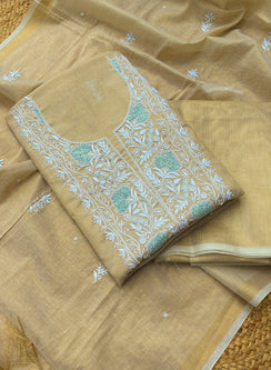 Golden & Blue - Nayaab Mul Chanderi Chikankari Dress Material With Moti & Katdana Work