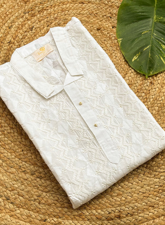 White Front Jaal - Nawab Cotton Men Chikankari Long Kurta