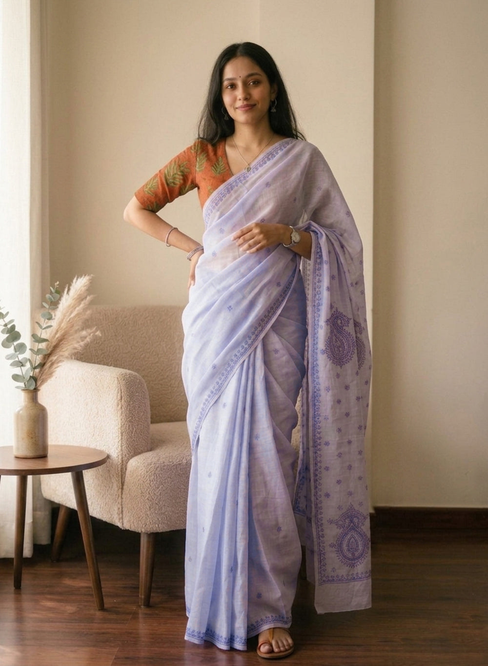 Lavender - Aks Cotton Terry Voile Self Thread Embroidered Chikankari Saree