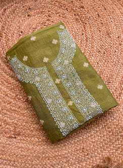 Olive Green Unisex - Dhoop Kinaray Chanderi Chikankari Kurta Fabric With Golden Butti