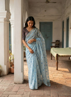 Guncha Sky Blue - Dual Thread Aks Cotton Tepchi Chikankari Saree