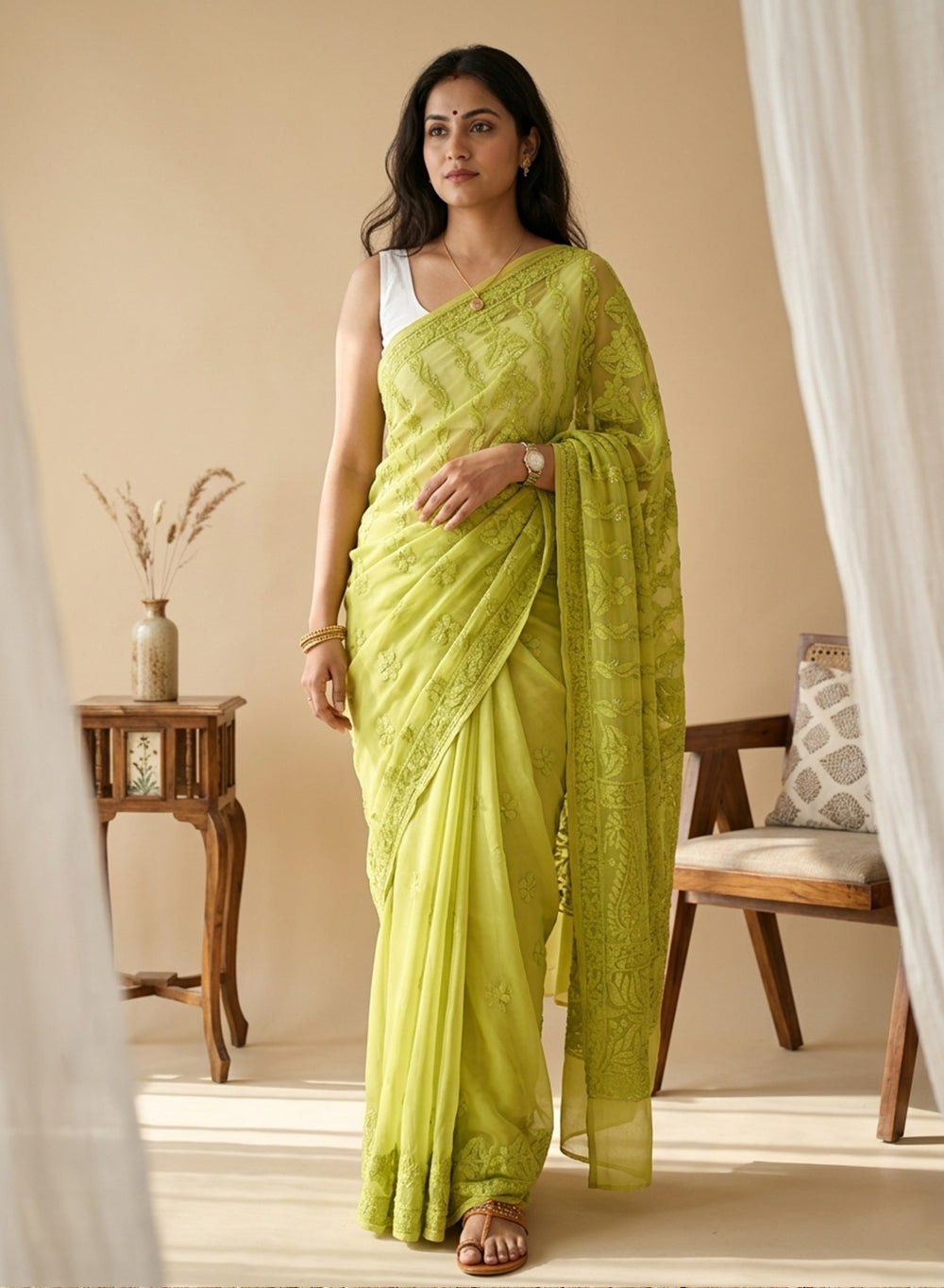 Olive Green Self Thread - Aks Georgette Chikankari Saree