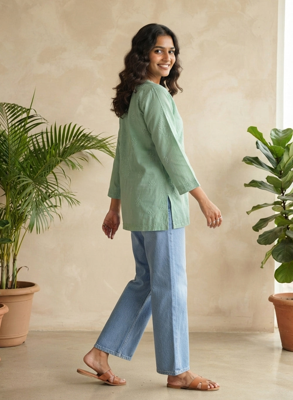 Sage Green - Gulshan Linen Cotton Double Layered Chikankari Short Top