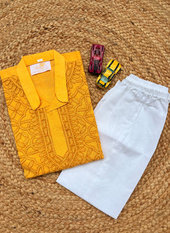 Mustard Yellow Front Jaal - Cotton Chikankari Kurta With Self Thread Work & Pajama
