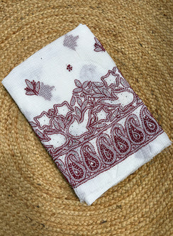 White & Maroon - Dhoop Kinaray Kota Chikankari Kurta Fabric With Mukaish Work