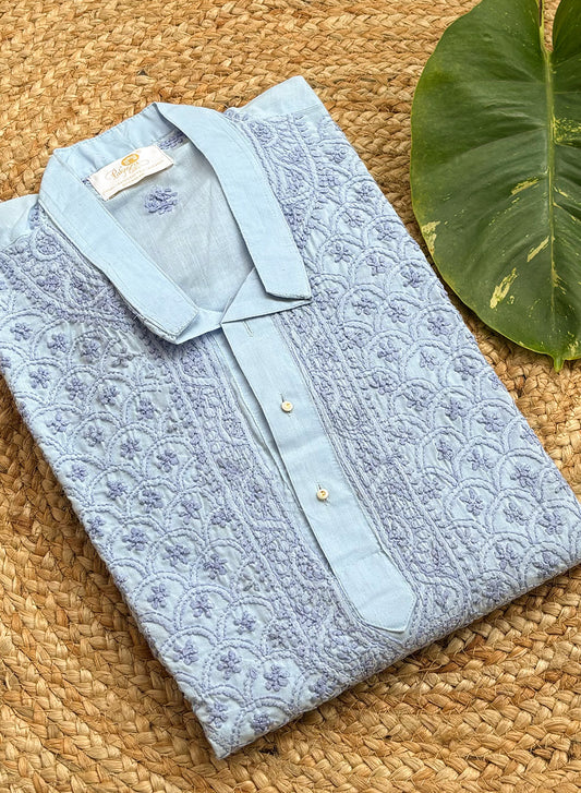 Powder Blue Front Jaal - Nawab Cotton Chikankari Men Long Kurta