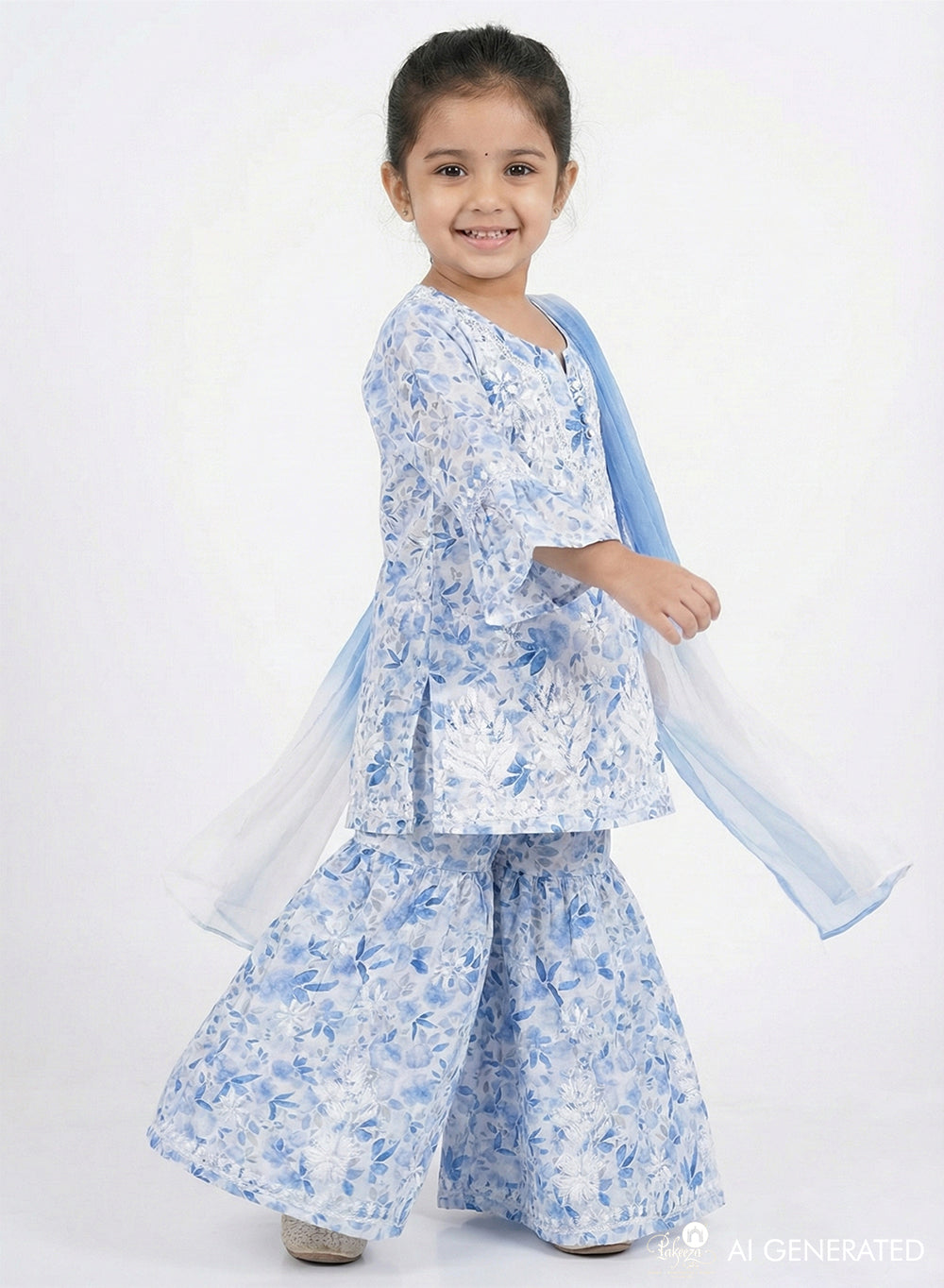 Gulnaar Blue Printed - Cotton Chikankari Kidswear Set