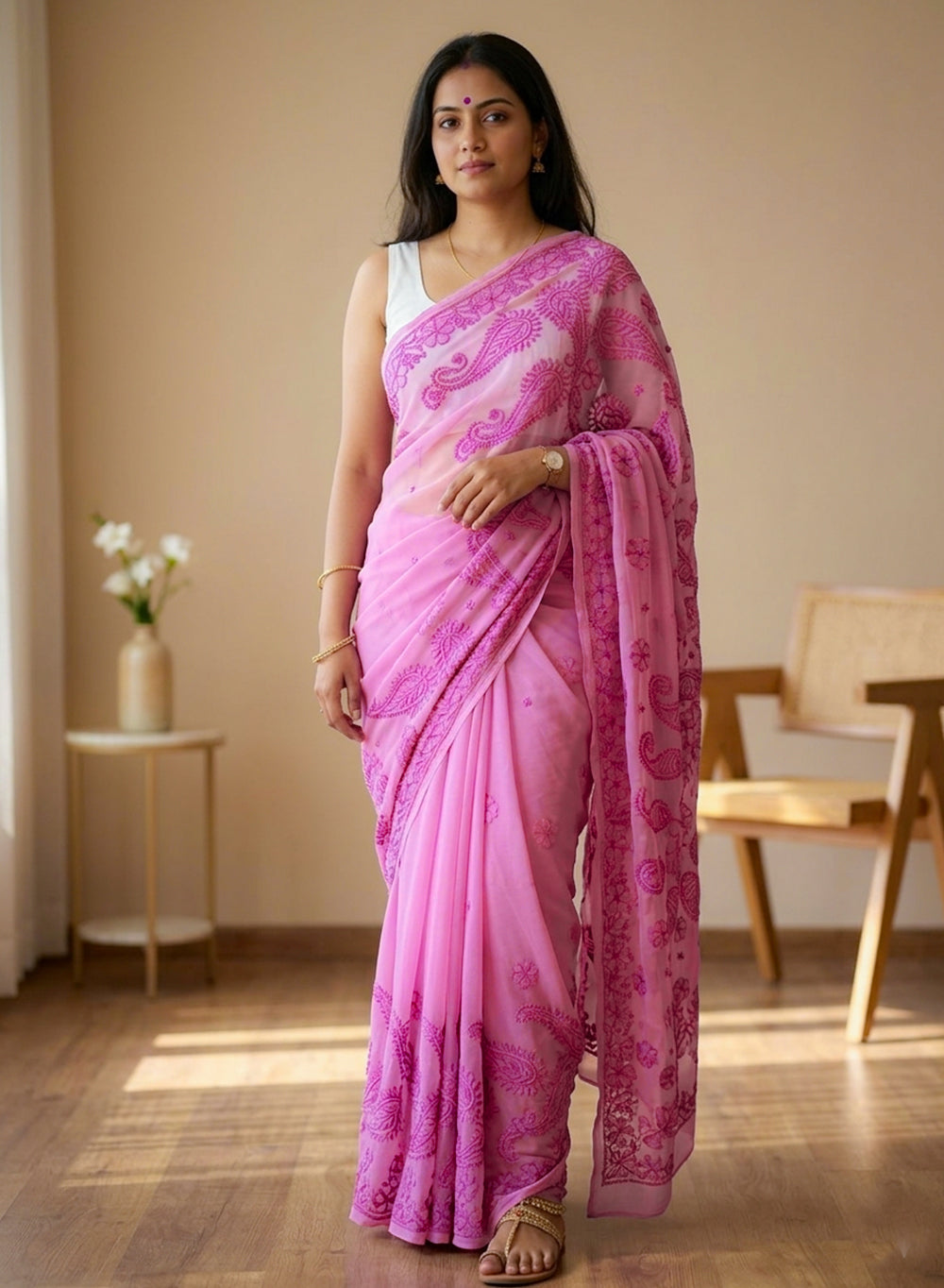 Pink Self Thread - Aks Georgette Chikankari Saree