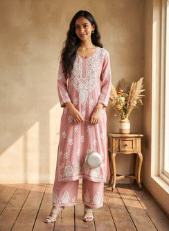 Dusky Pink - Modal Nargis Chikankari Co-ords Set With White Thread Embroidery