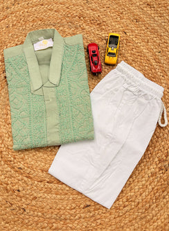 Olive Green Front Jaal - Cotton Chikankari Kurta With Self Thread Work & Pajama