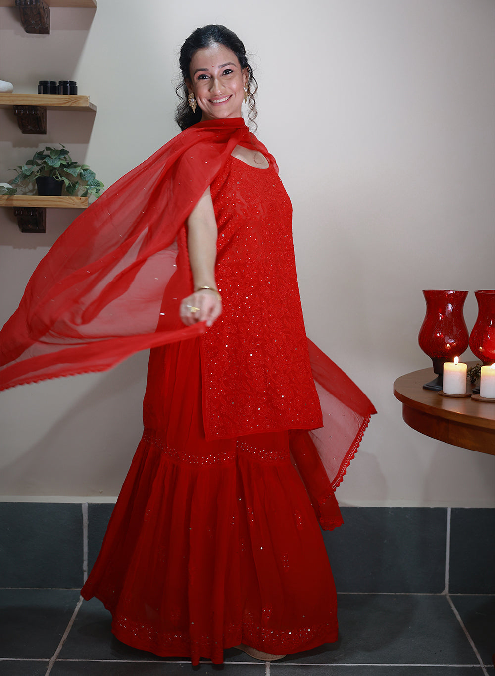Kanak Red - Nargis Viscose Noodle Strap Chikankari Kurta & Gharara Set