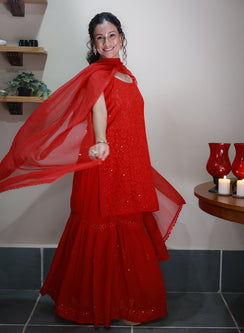 Kanak Red - Nargis Viscose Noodle Strap Chikankari Kurta & Gharara Set