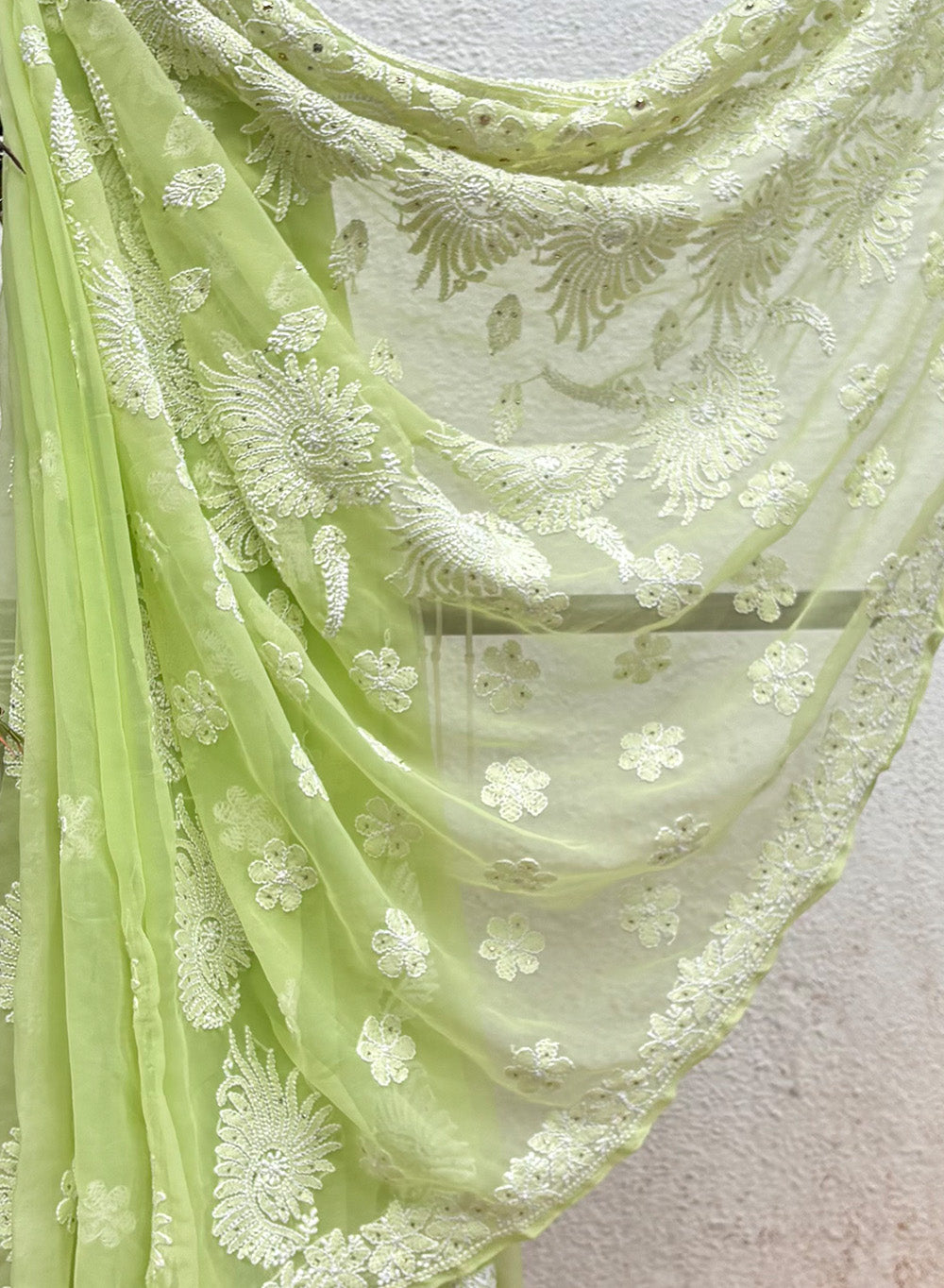 Light Green - Aks Georgette Chikankari Saree With Mukaish