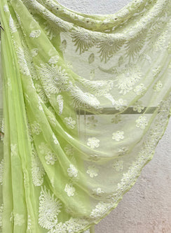 Light Green Mukaish - Aks Georgette Chikankari Saree