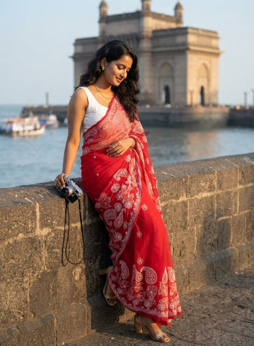 Red Mukaish - Aks Georgette Chikankari Saree
