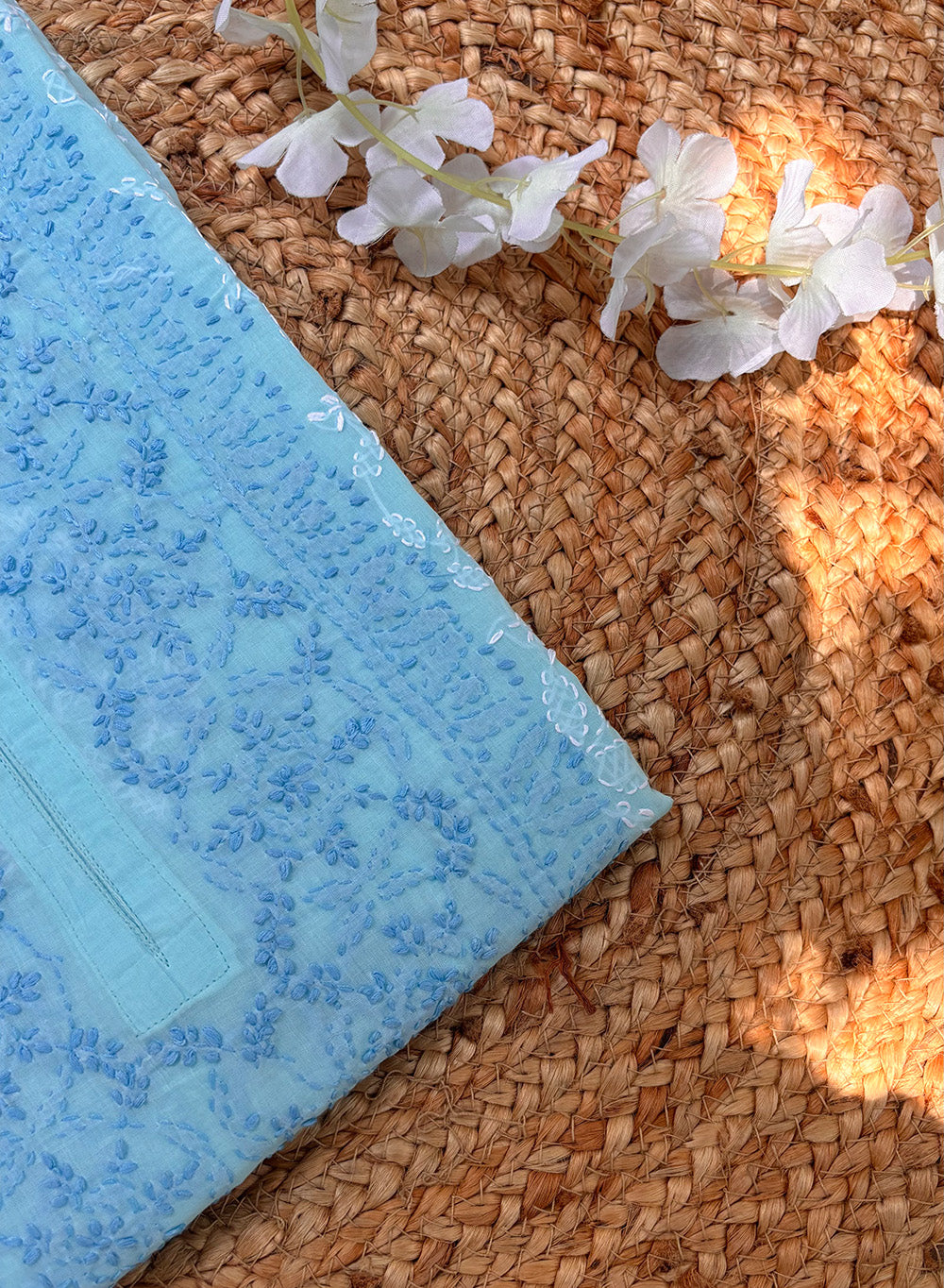 Sky Blue - Cotton Terry Voile Bahaar Chikankari Kurta