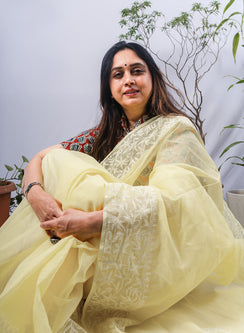 Aparajita Powder Yellow - Aks Kota Cotton Chikankari Saree