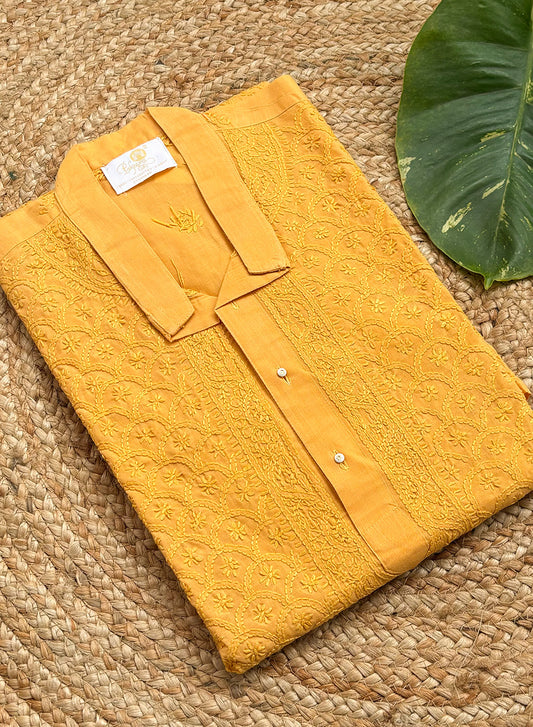 Mustard Front Jaal - Nawab Cotton Men Long Kurta