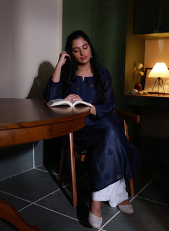 Swara Dark Blue - Anjuman Chanderi Cotton Chikankari Kurta