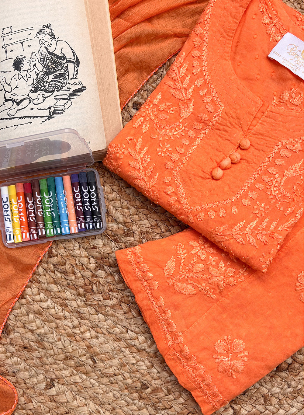Pihu Orange - Dobby Cotton Chikankari Kidswear Set