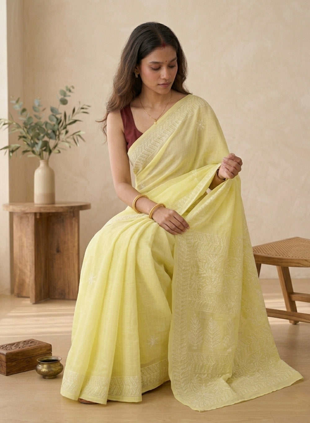 Fluorescent Green - Aks Cotton Terry Voile White Thread Embroidered Chikankari Saree