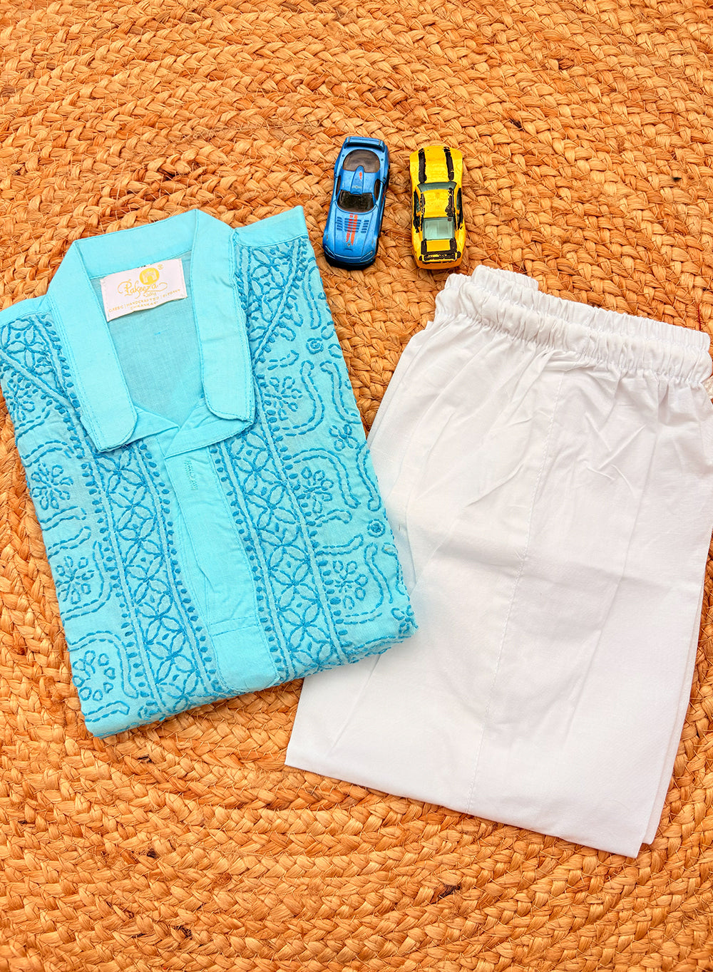 Sky Blue Dual Shade Front Jaal - Cotton Chikankari Kurta With Self Thread Work & Pajama