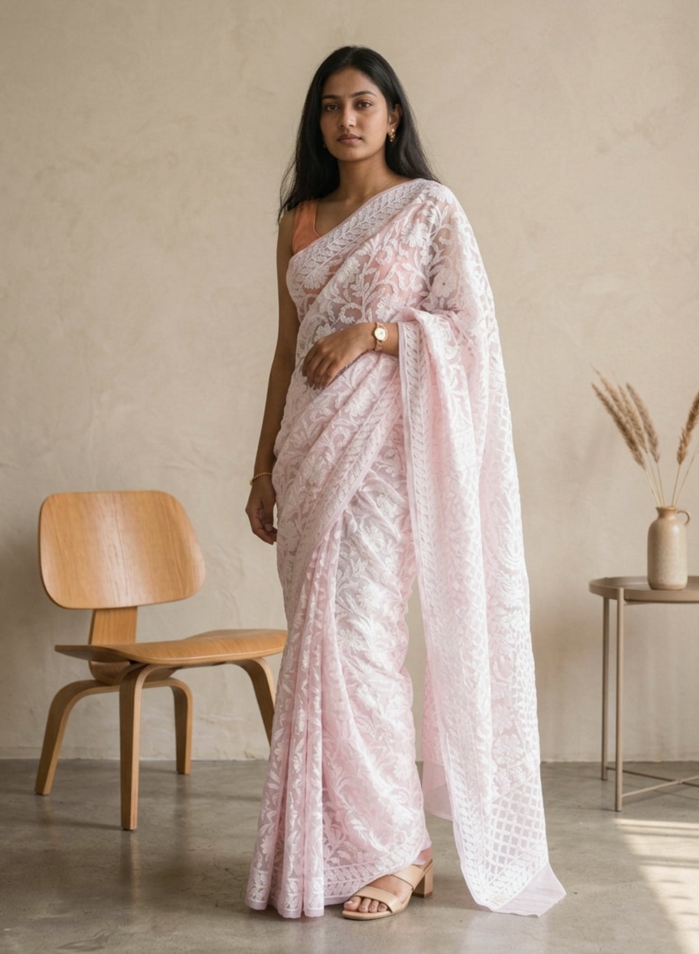 Powder Pink Full Jaal - Aks Georgette Chikankari Saree