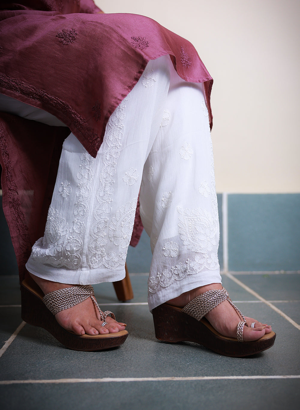 White - Viscose Chikankari Straight Pant With Side Design