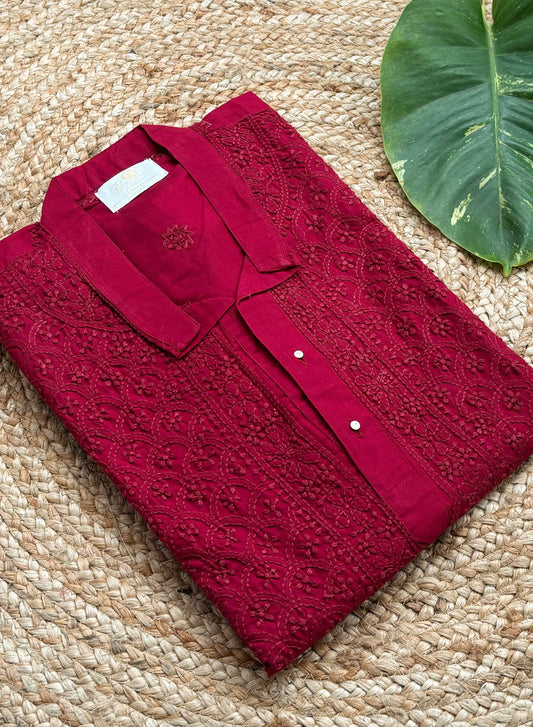 Maroon Front Jaal - Nawab Cotton Men Long Kurta