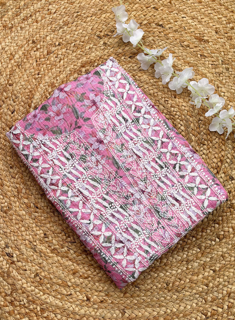Pink - Nayaab Kota Printed Chikankari Kurta & Dupatta Set