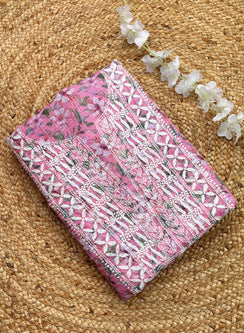 Pink - Nayaab Kota Printed Chikankari Kurta & Dupatta Set