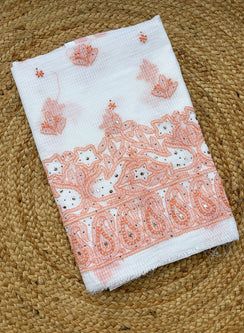 White & Light Orange - Dhoop Kinaray Kota Chikankari Kurta Fabric With Mukaish Work