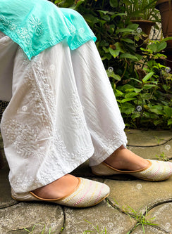 White - Ta'abeer Chikankari Mul Cotton Side Design Wide Leg Palazzo